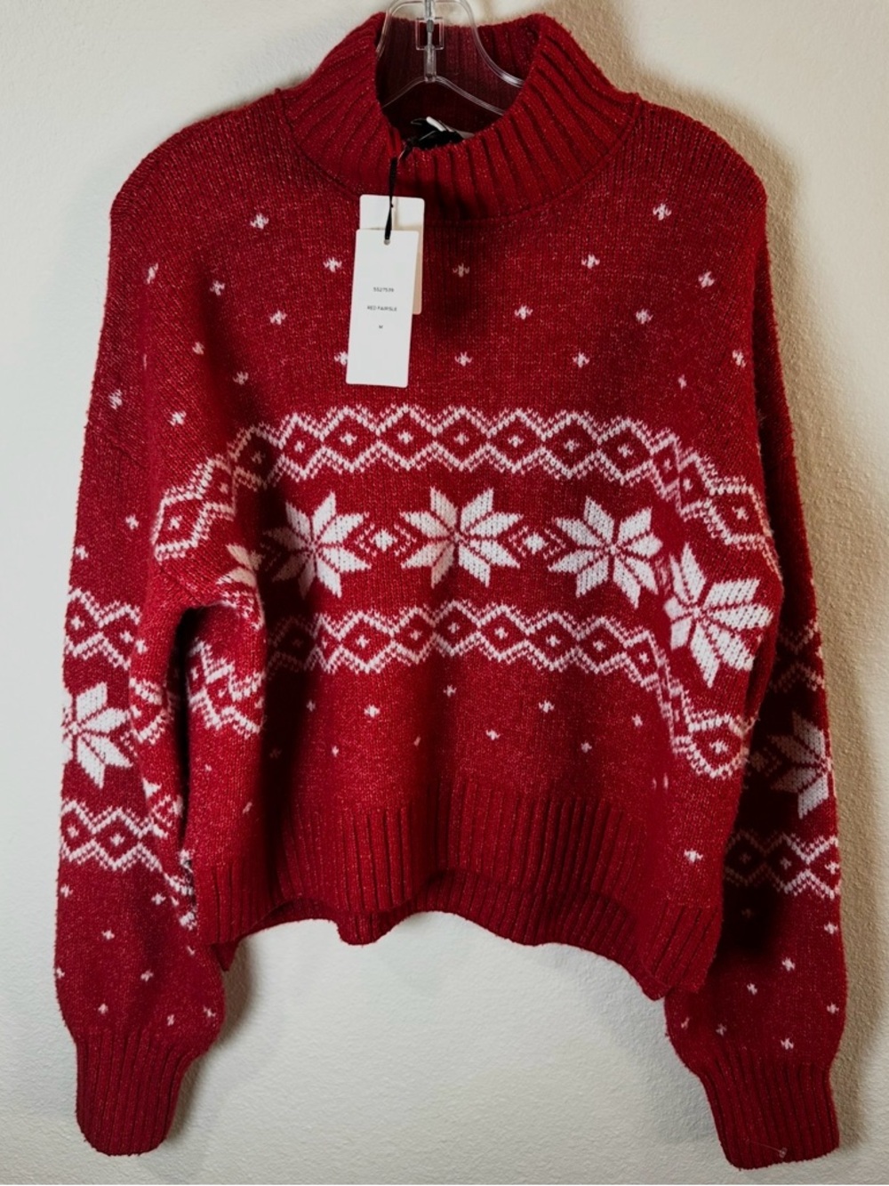Pink Rose Red and White Fair Isle Turtleneck Sweater size Medium
